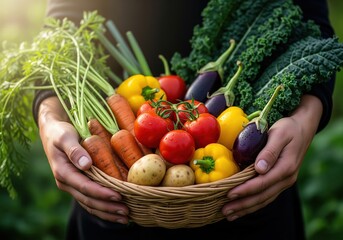 Farmer holding a basket of freshly picked colorful vegetables in a sunlit garden