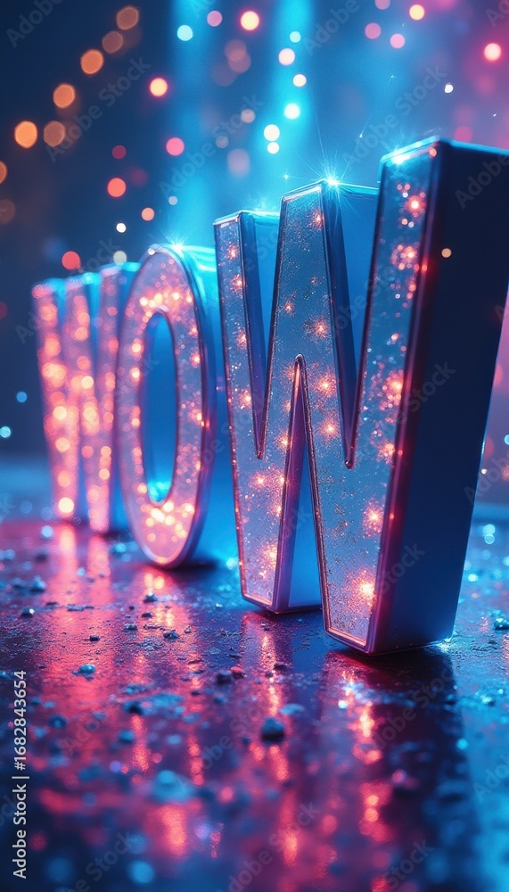 Poster illuminated letters spelling wow in dark studio setting