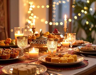 Generated image_Aesthetic ultra realistic dining table setup with festive crockery, candles, fairy