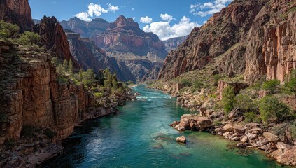 Canyon river scene under blue sky