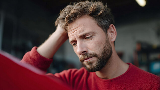 Worried man with hand on head, looking down. Concept for stress, problemsolving, or contemplation. Ideal for articles, ads, or blog posts needing emotional depth.