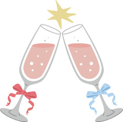 Tulip Wine Glasses with Bow Knots Clinking Champagne or Prosecco Vintage Glassware Vector