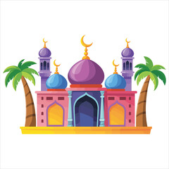 Obraz premium Colorful Cartoon Mosque With Palm Trees And Crescent Moons On White Background islamic building