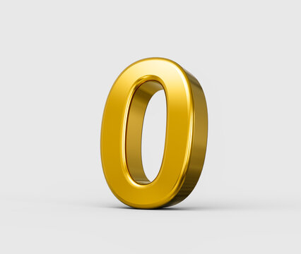 Shiny golden metallic 3D number zero with reflective finish on white background. 3d illustration