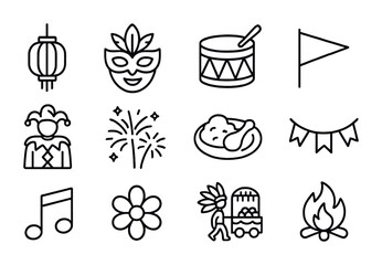 Cultural Festival Icons. Outline icon set of cultural festivals: lantern, mask, drum, flag, costume, fireworks