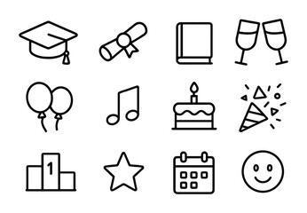Graduation Party Icons. Outline icon set of graduation parties: graduation cap, diploma, book, clinking