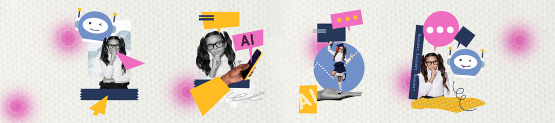 Sketch panoramic banner 3d photo collage of happy schoolgirl stand ai robot prompt bubble...