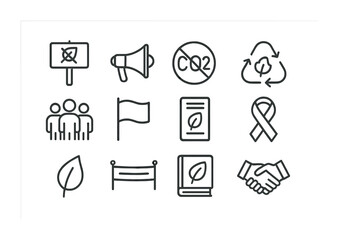 Pollution Reduction Icons. Outline icon set of pollution reduction campaigns: protest sign, megaphone, CO2