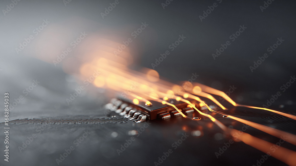 Poster abstract closeup of a microchip with glowing connections, symbolizing technology, innovation, data t