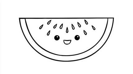 Obraz premium Cartoon watermelon slice with seeds and smiling face, bold outline simple design on white background for children coloring book page