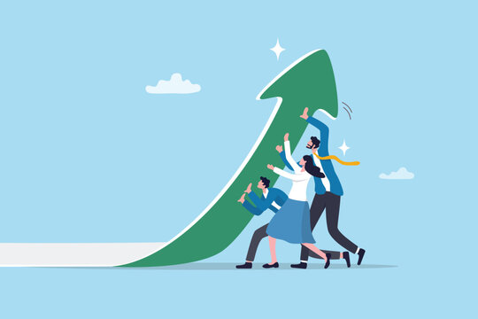 Improvement, change or growing business, motivation or aspiration to success, development effort or challenge concept, business people teamwork help push arrow upward metaphor improvement or growth.