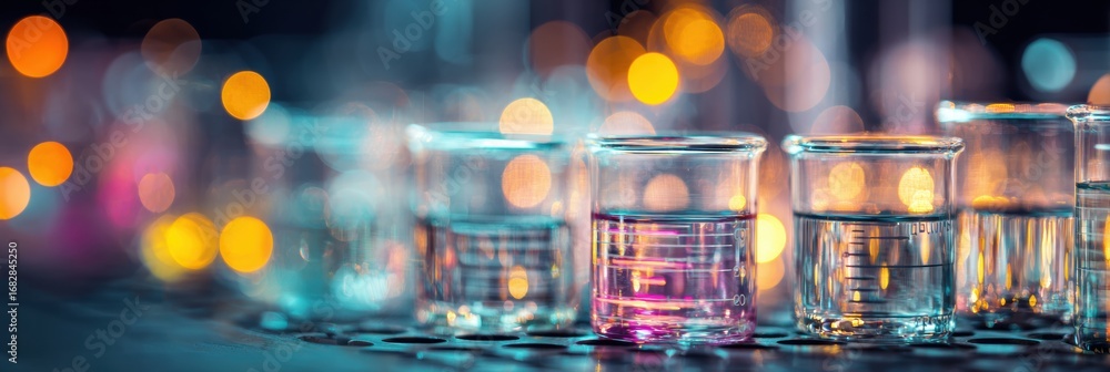 Poster colorful laboratory beakers and flasks filled with liquids lit by soft bokeh lights creating an arti