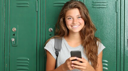 Smiling Teen Girl Using Smartphone by School Lockers