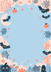 A whimsical Halloween themed illustration displays adorable animals surrounded by bats, pumpkins, and spider webs against a light blue backdrop.
