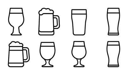 Beer Styles Icons. Outline icon set of beer styles: IPA glass, stout mug, lager pint, pilsner glass, porter