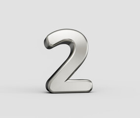 Shining chrome 3D number 2 two on grey background, premium digital design. 3D illustration