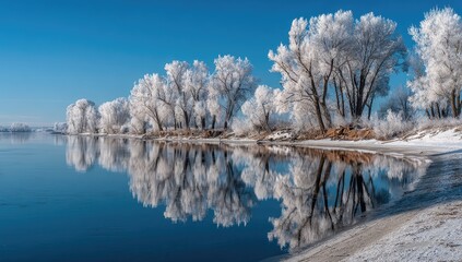 Frosted trees mirrored on a winter river