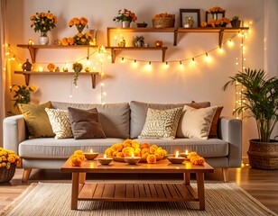 Aesthetic ultra realistic living room decorated for Diwali with glowing fairy lights,