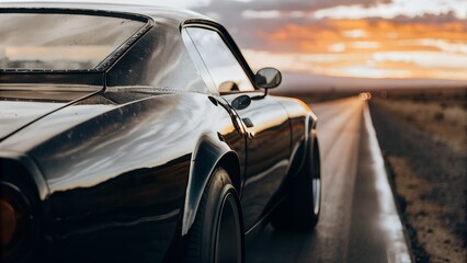 crop photo close up american classic black muscle car on the side of the highway