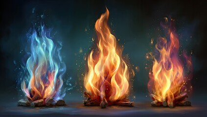 Three stylized campfire illustrations, showcasing different colored flames
