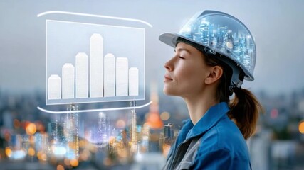 Visionary of the Future: A skilled engineer gazes at a futuristic graphic overlay, envisioning the innovative developments that will shape the landscape of tomorrow