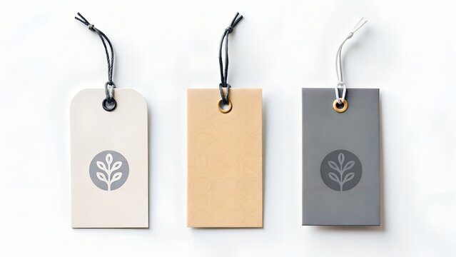 eco-friendly hanging tags with leaf logo in neutral tones on white background