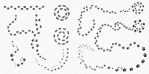 Collection of animal paw print trails forming various shapes like lines, curves, and spirals on a transparent background.