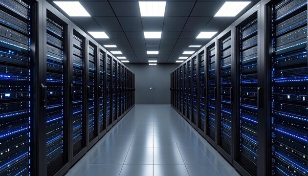 Endless rows of dark computer server racks in a symmetrical, sterile corridor lit by square ceiling panels and reflecting on the polished floor