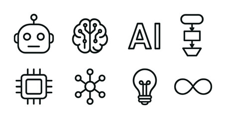 AI Icon Set. Outline icon set of artificial intelligence: robot head, brain with circuits, AI letters,