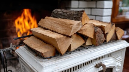 Stacked firewood beside a warm fireplace in a cozy indoor setting during winter evenings