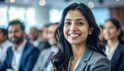 Fototapeta premium Happy young woman smiling at business seminar with diverse audience. Business and diversity themes. Detailed high quality image. 