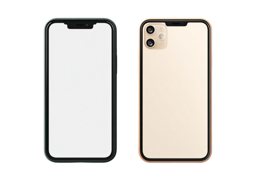 Two smartphones, one black, one gold, side-by-side, displaying blank screens