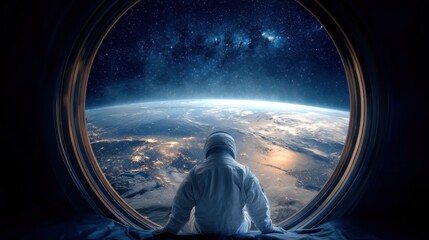 Astronaut looking out spaceship window at earth and stars. Space travel and exploration concept. Cosmos adventure.