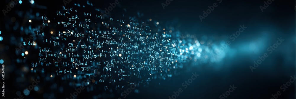 Poster dynamic digital representation of mathematical concepts flowing through a dark space at a modern sci