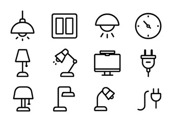 Office Lighting Icons. Outline icon set of office lighting controls: overhead light, switch panel, motion