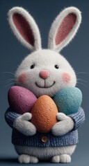 Fluffy white Easter bunny holding colorful eggs