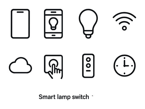 Smart Lamp Icon Set. Outline icon set of smart lamp switches: smartphone, app screen, bulb, Wi-Fi waves, cloud