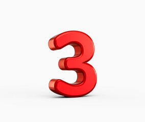 Bright red glossy 3D numeral 3 standing out on a pristine white surface. 3d illustration