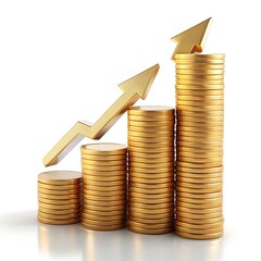 Golden coins stacked in ascending order with a golden arrow showing growth isolated on white background