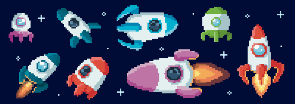 Retro pixel rocket designs for space and planet exploration - colorful spacecraft, UFOs and shuttles with flame trails on dark cosmos background. 8 bit vehicles for arcade game or cosmic adventure.