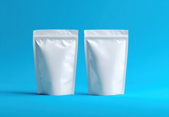 Two blank white pouches against a blue background