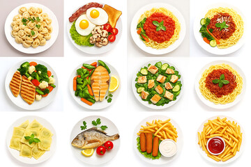 various plates of food isolated on white background