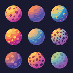 A vibrant collection of nine diverse, stylized fantasy planets featuring unique textures and captivating gradient colors, perfect for cosmic and space-themed designs.