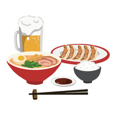 ラーメン餃子とライスとビールのセット