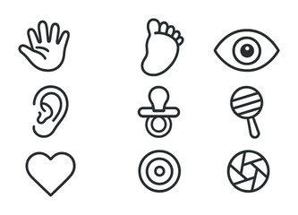 Baby Details Icon Set. Outline icon set of baby close-up details: tiny hand, tiny foot, eye, ear, pacifier,