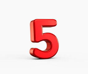 Fototapeta premium Bold red 3D number 5, glossy and vibrant, isolated on white background. 3d illustration