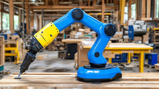Blue and Yellow Robotic Arm in a Workshop Environment
