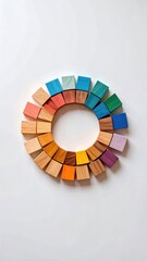 Obraz premium A colorful circle of wooden blocks, arranged in a gradient on a white background, creates a visually appealing artistic composition