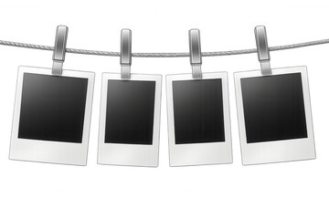 Four blank instant photos hanging on a clothesline with clothespins, isolated on a transparent background