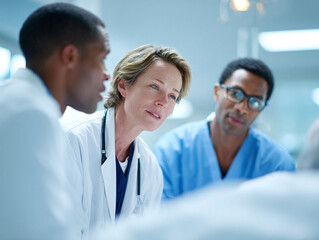 Fototapeta premium Focused doctors collaboratively diagnosing a patients condition. Emphasizes teamwork, expertise, and modern healthcare in a bright, clean clinic setting.